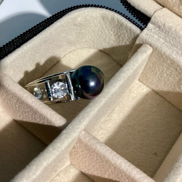 💋Gorgeous Sterling Silver Lux Black Rainbow Iridescent Tahitan Pearl & CZ ring - Picture 5 of 17